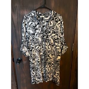Khush Women L Black White Swirl Marble Print Roll Tab Sleeve Rayon Tunic Dress